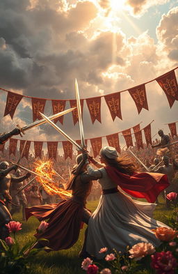 A dynamic scene depicting an electrifying sword duel under a dramatic sky, showcasing a fierce battle between two skilled warriors, with swords clashing and sparks flying