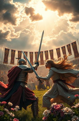 A dynamic scene depicting an electrifying sword duel under a dramatic sky, showcasing a fierce battle between two skilled warriors, with swords clashing and sparks flying