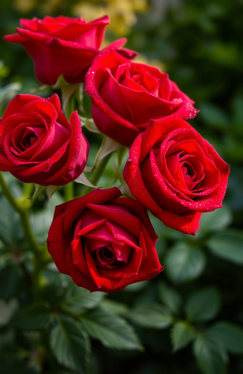 A stunning close-up of a bouquet of vibrant red roses, each petal glistening with morning dew