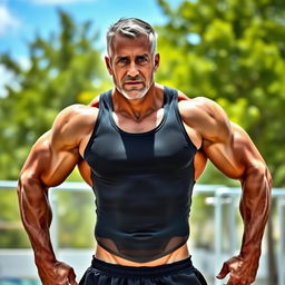 A muscular 50-year-old man with a chiseled physique, showcasing defined muscles and a confident stance