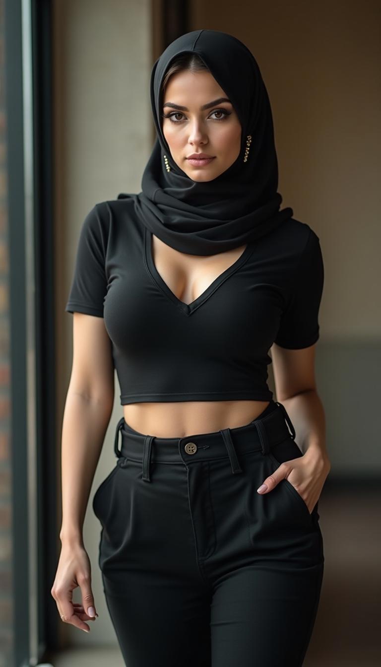 A close-up view of a 46-year-old Slavic MILF secretary, wearing a tight cleavage-enhancing t-shirt that showcases her figure