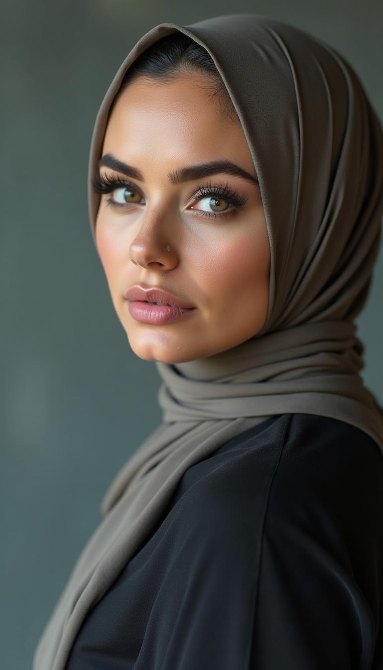 A 46-year-old Slavic secretary with striking features, wearing a tight-fitting cleavage-enhancing t-shirt and stylish traditional hijab that complements her outfit