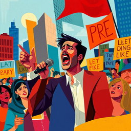 A vibrant cubism styled artwork depicting an activist passionately speaking at a rally, with abstract shapes and fragmented forms that represent the crowd's diverse emotions