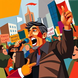 A vibrant cubism styled artwork depicting an activist passionately speaking at a rally, with abstract shapes and fragmented forms that represent the crowd's diverse emotions