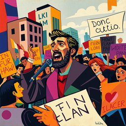 A vibrant cubism styled artwork depicting an activist passionately speaking at a rally, with abstract shapes and fragmented forms that represent the crowd's diverse emotions