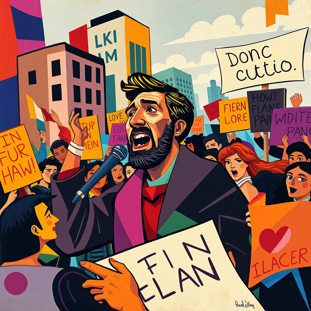A vibrant cubism styled artwork depicting an activist passionately speaking at a rally, with abstract shapes and fragmented forms that represent the crowd's diverse emotions