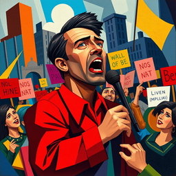 A vibrant cubism styled artwork depicting an activist passionately speaking at a rally, with abstract shapes and fragmented forms that represent the crowd's diverse emotions
