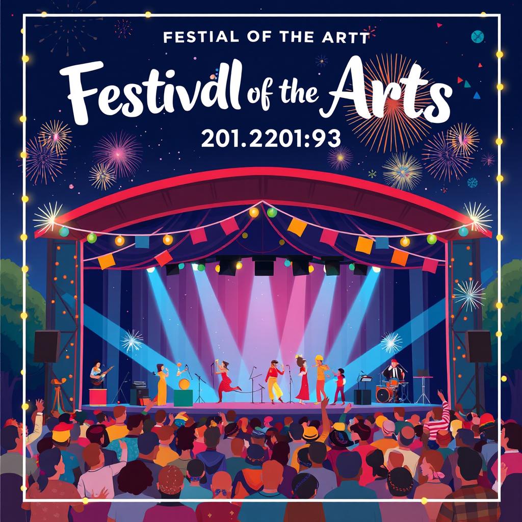 A vibrant and colorful festival theater poster featuring an outdoor stage with a lively crowd in the foreground
