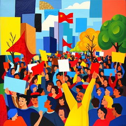 A vibrant and dynamic cubism art piece depicting a lively rally scene, filled with diverse crowds of people passionately waving flags and holding signs