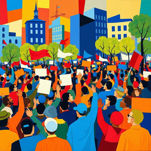 A vibrant and dynamic cubism art piece depicting a lively rally scene, filled with diverse crowds of people passionately waving flags and holding signs