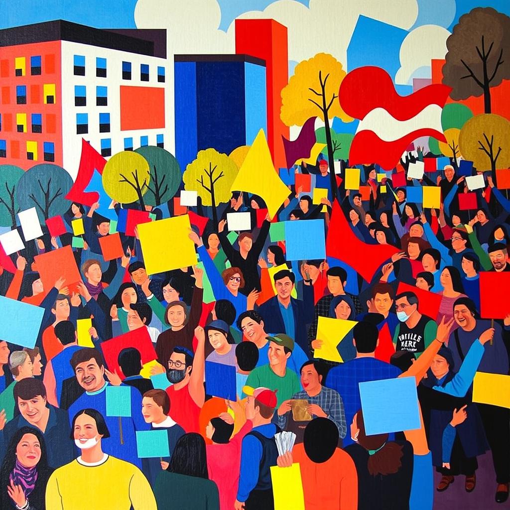 A vibrant and dynamic cubism art piece depicting a lively rally scene, filled with diverse crowds of people passionately waving flags and holding signs