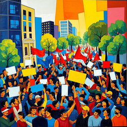 A vibrant and dynamic cubism art piece depicting a lively rally scene, filled with diverse crowds of people passionately waving flags and holding signs
