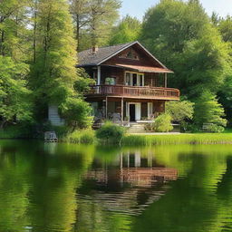 A charming, peaceful house located on the shore of a serene, tranquil lake.