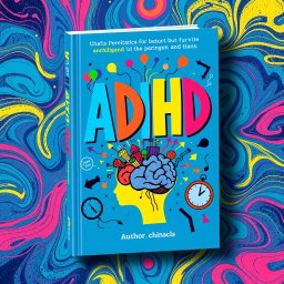 A captivating book cover design for a book about ADHD, featuring vibrant colors to represent energy and creativity