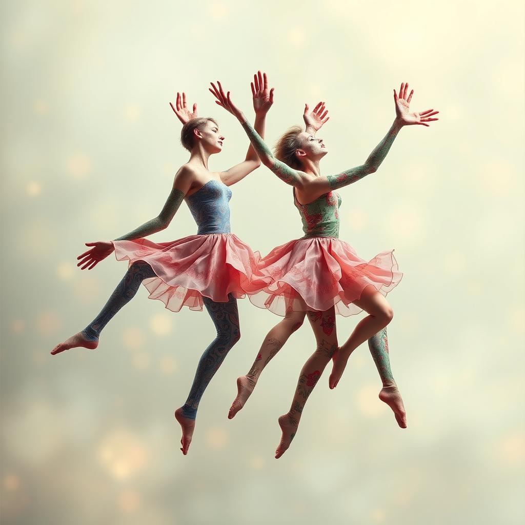 A surreal and artistic depiction of a dance of detached body parts, floating gracefully in mid-air