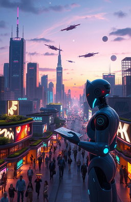 A futuristic cityscape at dusk, featuring towering skyscrapers with neon lights, flying cars zipping through the sky, lush green rooftop gardens, and bustling streets filled with diverse people dressed in advanced tech-inspired outfits