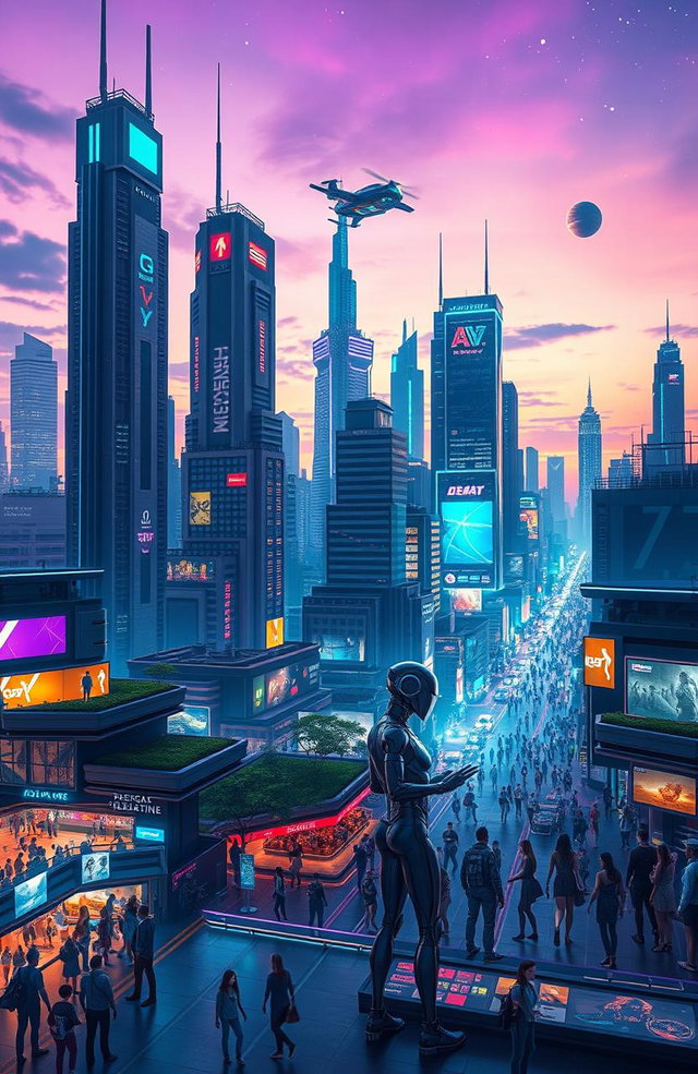 A futuristic cityscape at dusk, featuring towering skyscrapers with neon lights, flying cars zipping through the sky, lush green rooftop gardens, and bustling streets filled with diverse people dressed in advanced tech-inspired outfits