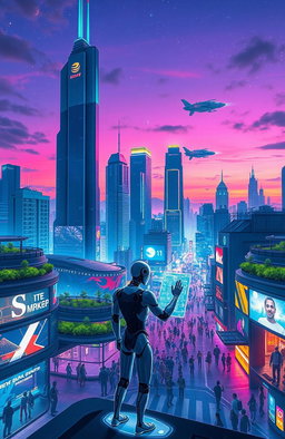 A futuristic cityscape at dusk, featuring towering skyscrapers with neon lights, flying cars zipping through the sky, lush green rooftop gardens, and bustling streets filled with diverse people dressed in advanced tech-inspired outfits