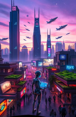 A futuristic cityscape at dusk, featuring towering skyscrapers with neon lights, flying cars zipping through the sky, lush green rooftop gardens, and bustling streets filled with diverse people dressed in advanced tech-inspired outfits