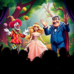 A vivid and lively pantomime scene featuring colorful characters in elaborate costumes