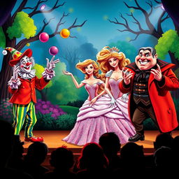 A vivid and lively pantomime scene featuring colorful characters in elaborate costumes