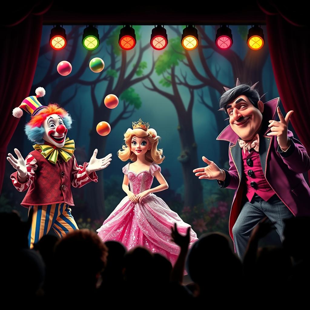 A vivid and lively pantomime scene featuring colorful characters in elaborate costumes