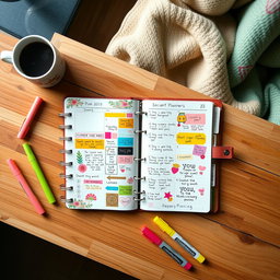 A beautifully designed planner laid open on a wooden desk