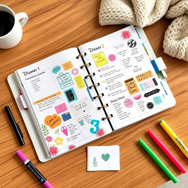 A beautifully designed planner laid open on a wooden desk