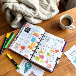 A beautifully designed planner laid open on a wooden desk