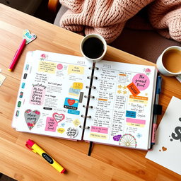 A beautifully designed planner laid open on a wooden desk