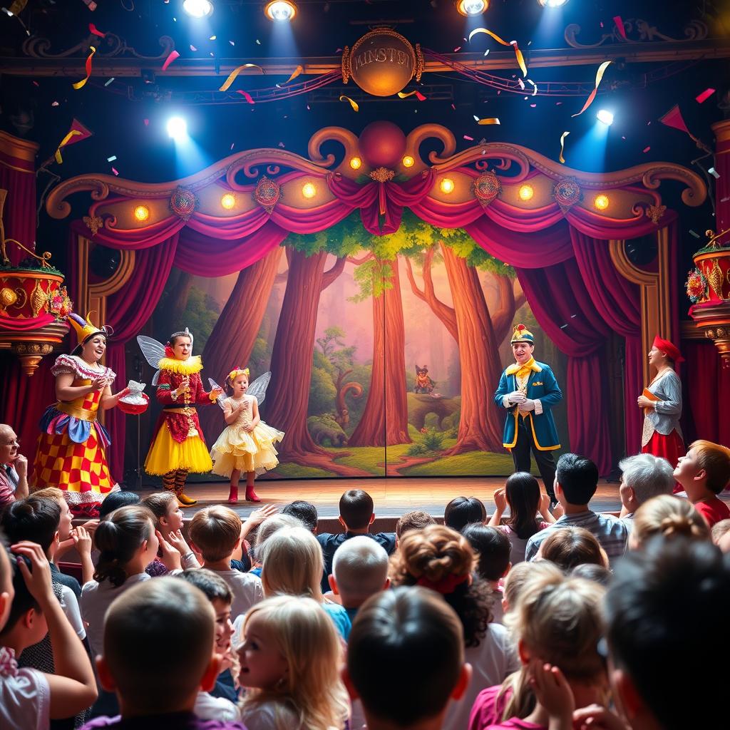 A vibrant and colorful pantomime theater setting, featuring a grand stage illuminated with bright lights, adorned with whimsical decorations and an elaborate backdrop depicting a fairytale forest