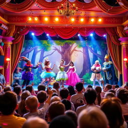 A vibrant and colorful pantomime theater setting, featuring a grand stage illuminated with bright lights, adorned with whimsical decorations and an elaborate backdrop depicting a fairytale forest