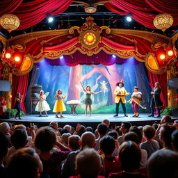 A vibrant and colorful pantomime theater setting, featuring a grand stage illuminated with bright lights, adorned with whimsical decorations and an elaborate backdrop depicting a fairytale forest