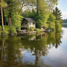 A charming, peaceful house located on the shore of a serene, tranquil lake.