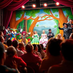 A vibrant and colorful theater scene depicting a lively pantomime performance