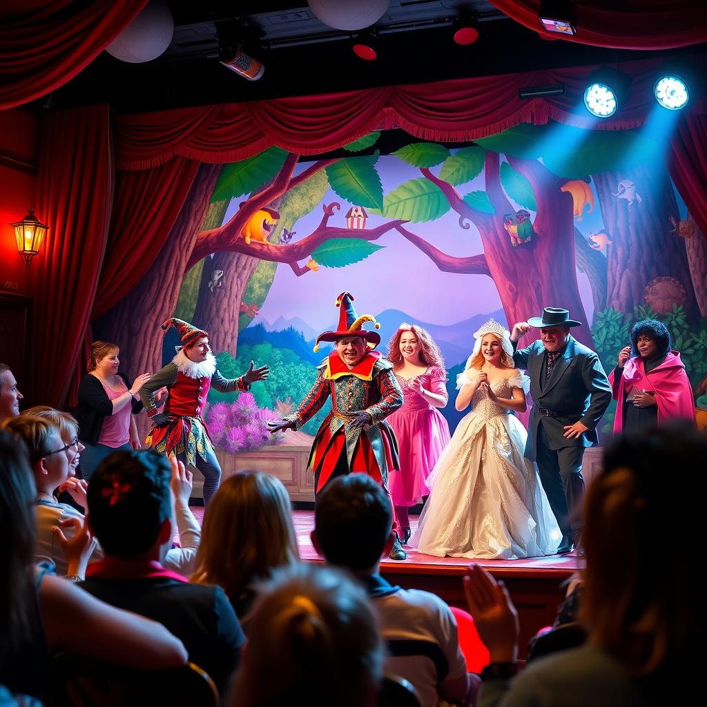 A vibrant and colorful theater scene depicting a lively pantomime performance