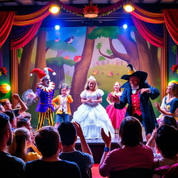 A vibrant and colorful theater scene depicting a lively pantomime performance