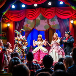 A vibrant and colorful theater scene depicting a lively pantomime performance