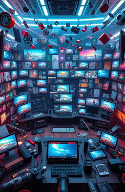 A vast digital landscape showcasing thousands of diverse editing assets including graphics, video clips, sound effects, and textures