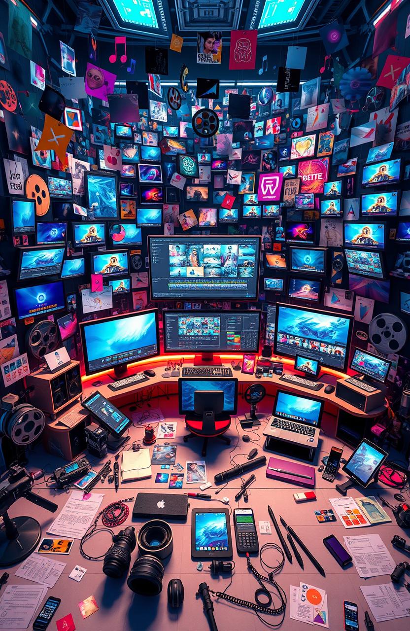 A vast digital landscape showcasing thousands of diverse editing assets including graphics, video clips, sound effects, and textures