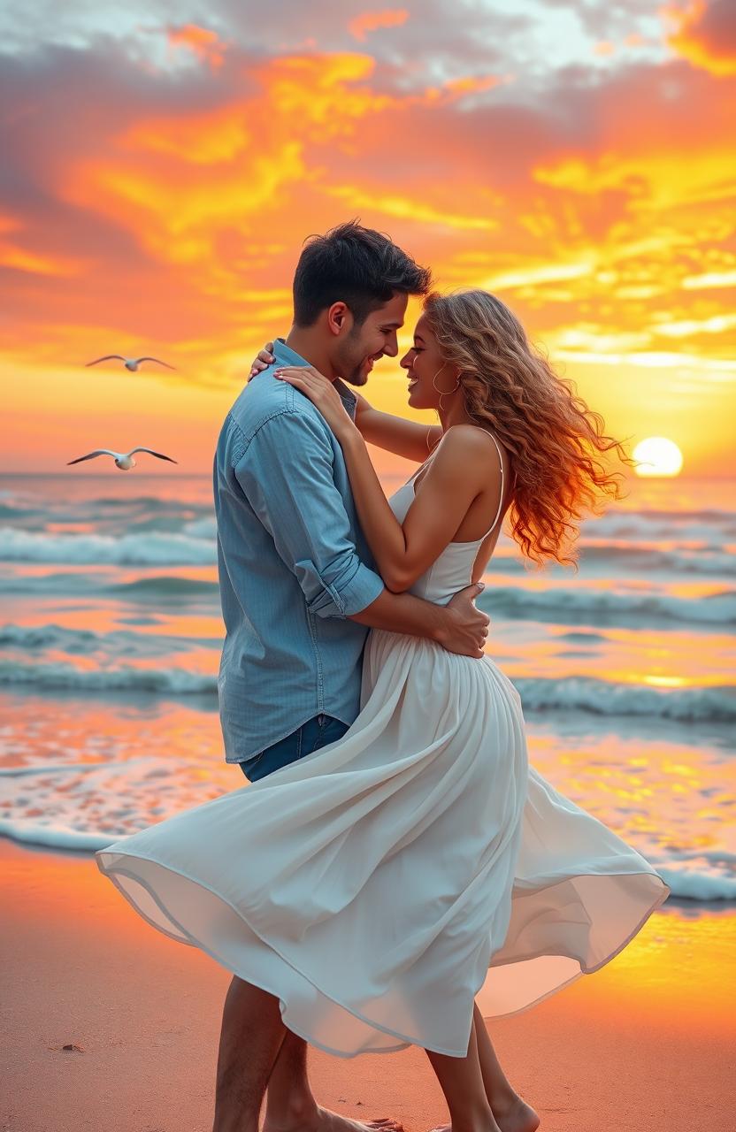 A romantic scene depicting a couple in an intimate embrace during a sunset on a beach