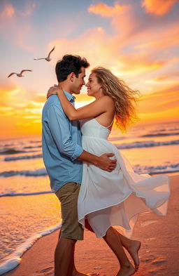 A romantic scene depicting a couple in an intimate embrace during a sunset on a beach