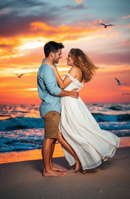 A romantic scene depicting a couple in an intimate embrace during a sunset on a beach