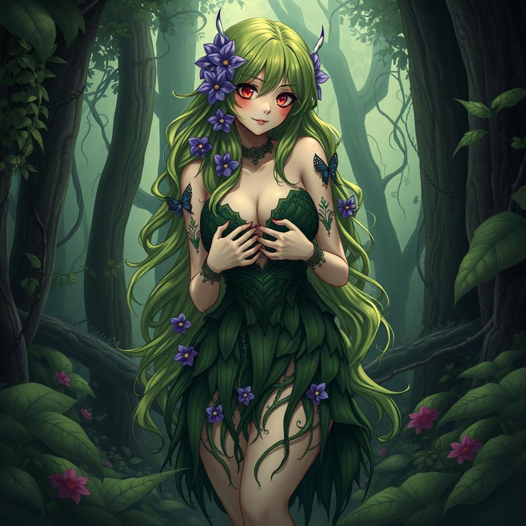 A gothic style anime female plant girl, characterized by long wavy green hair adorned with purple flowers, holding her ample breasts with her enticingly thick thighs