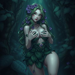 A gothic style anime female plant girl, characterized by long wavy green hair adorned with purple flowers, holding her ample breasts with her enticingly thick thighs
