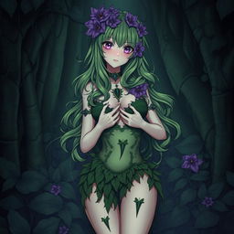 A gothic style anime female plant girl, characterized by long wavy green hair adorned with purple flowers, holding her ample breasts with her enticingly thick thighs