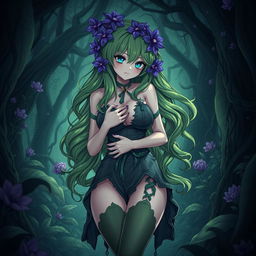 A gothic style anime female plant girl, characterized by long wavy green hair adorned with purple flowers, holding her ample breasts with her enticingly thick thighs