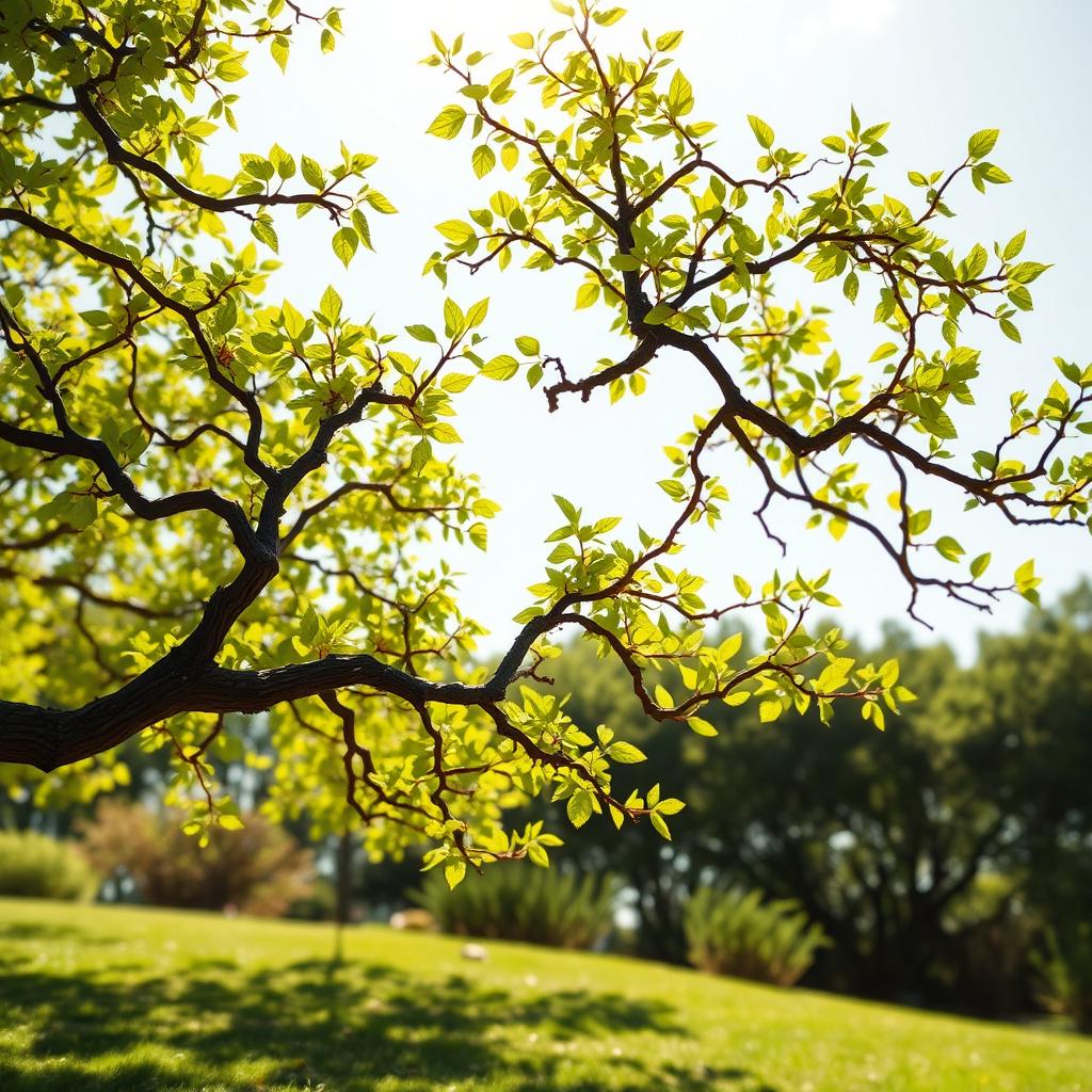 A whimsical scene depicting tree branches gracefully dancing in the wind, adorned with vibrant green leaves