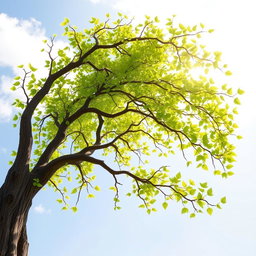 A whimsical scene depicting tree branches gracefully dancing in the wind, adorned with vibrant green leaves