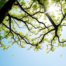 A whimsical scene depicting tree branches gracefully dancing in the wind, adorned with vibrant green leaves